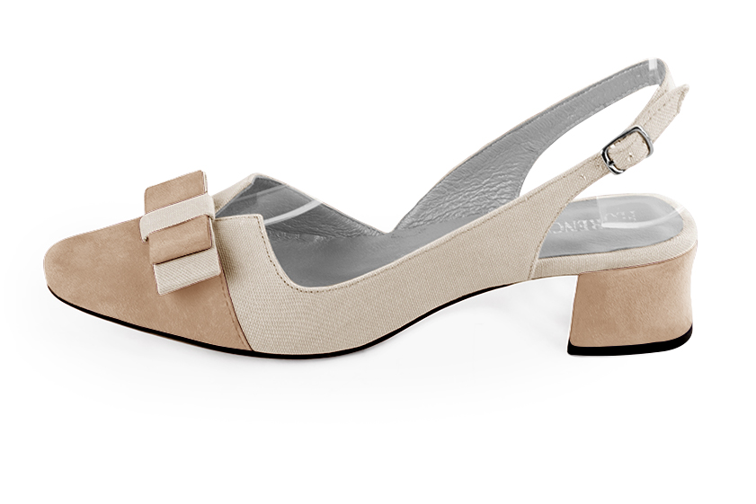 Tan beige and gold women's open back shoes, with a knot. Round toe. Low flare heels. Profile view - Florence KOOIJMAN